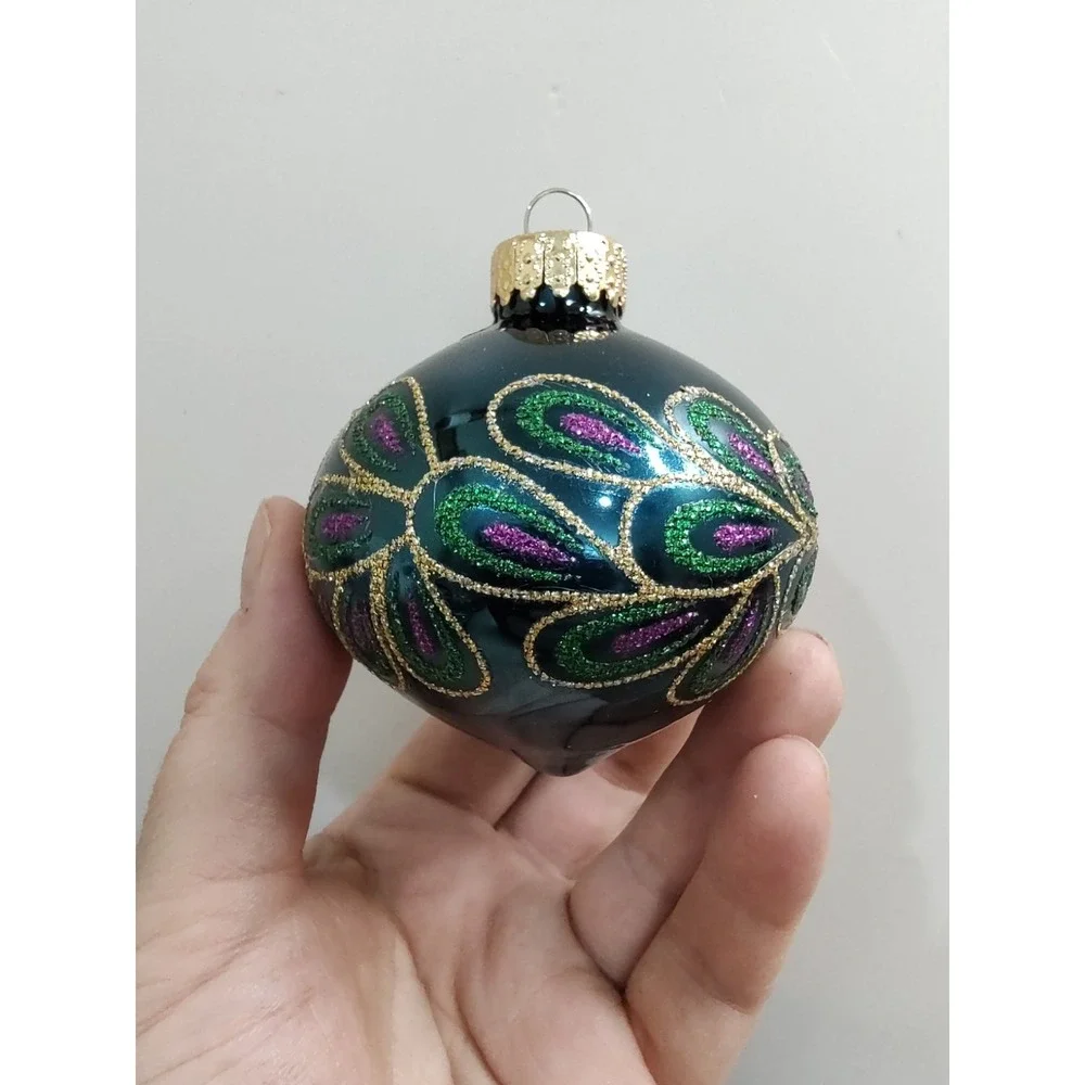 Glitter Peacock Feather Teal Christmas Glass Orn Ornament bauble Lot Of 3 A17